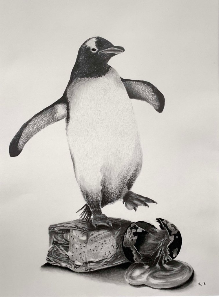 Pingvin som står på en iskub, världen ligger nedanför som ett sprucket ägg.