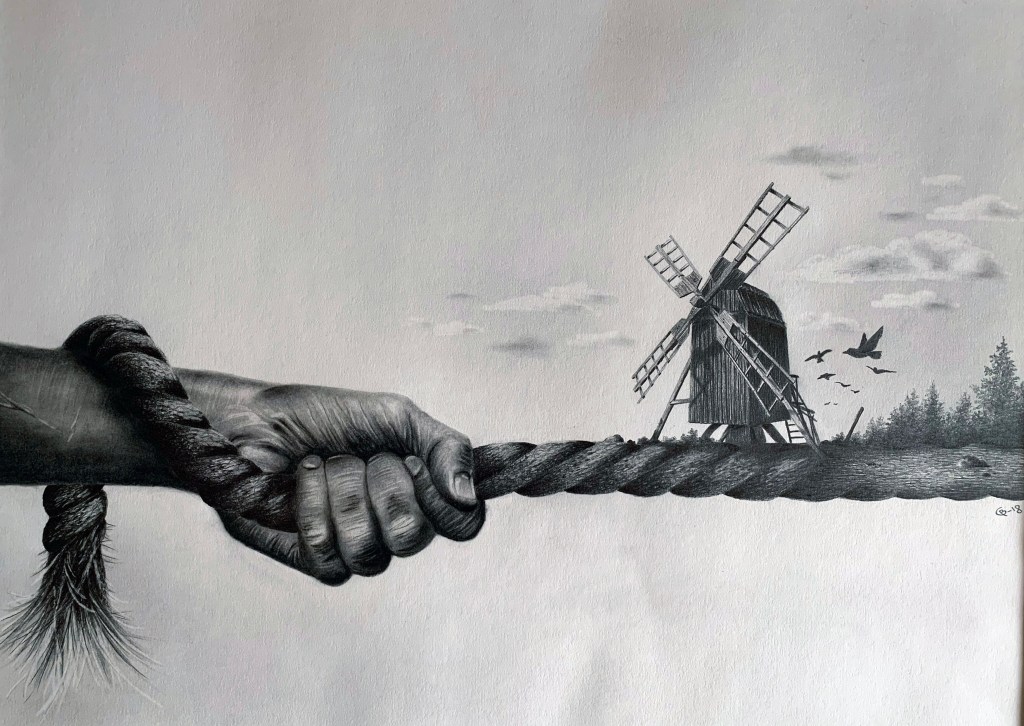 En hand håller ett rep, på repet står en kvarn.