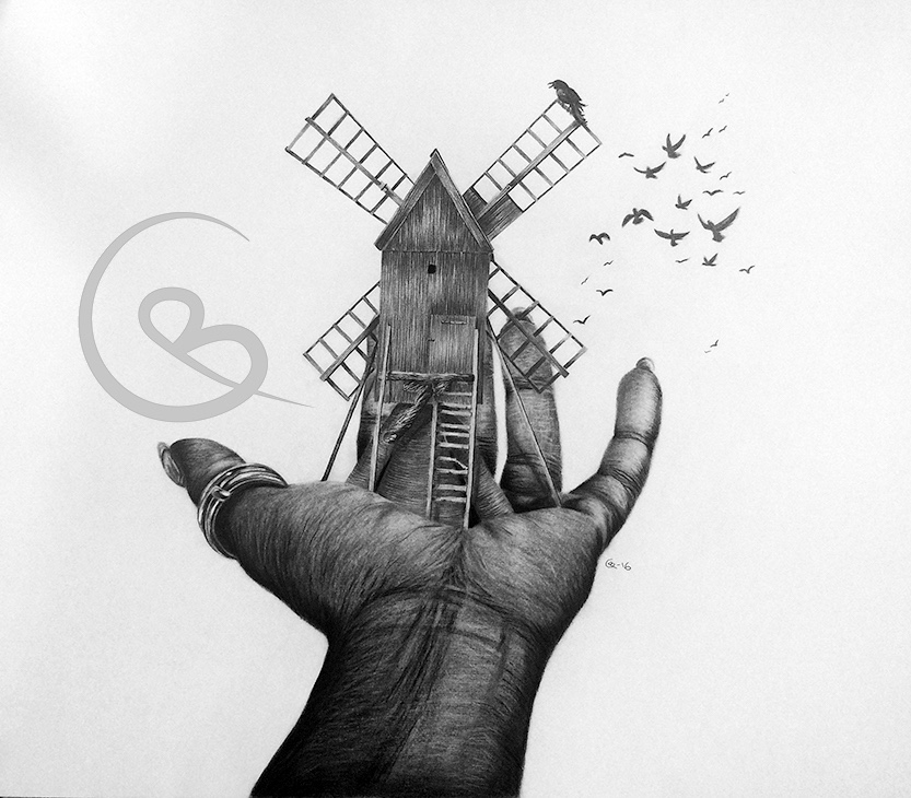 En kvarn står i en handflata.