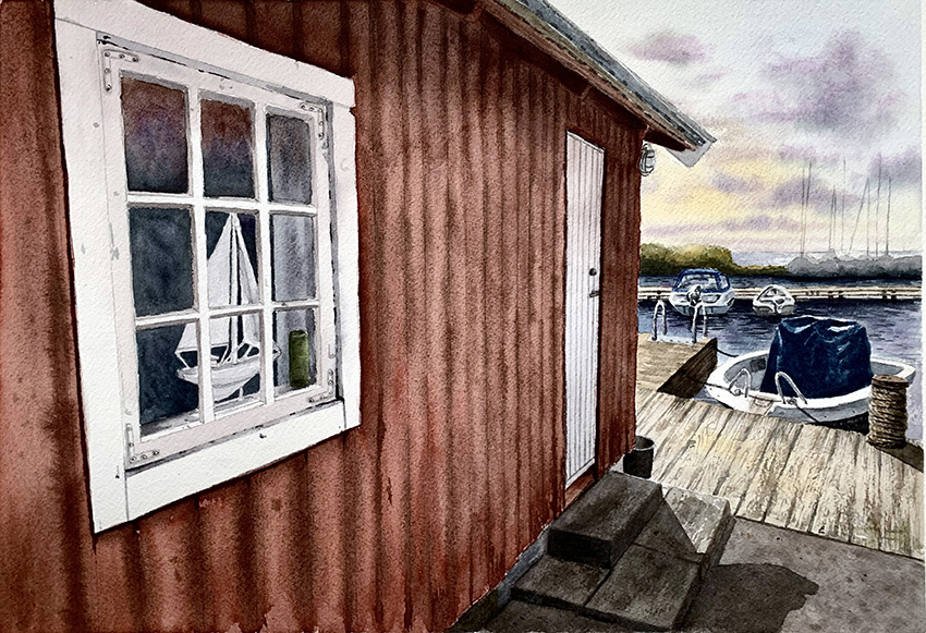Akvarell hus båtar hamn