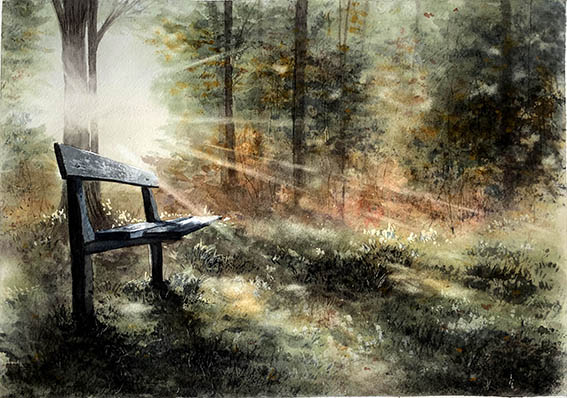 Akvarell höst skog bänk