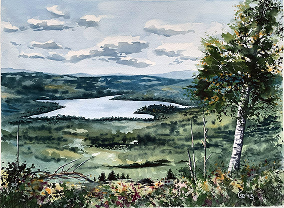 Akvarell dal skog sjö