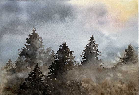 Akvarell skog dimma