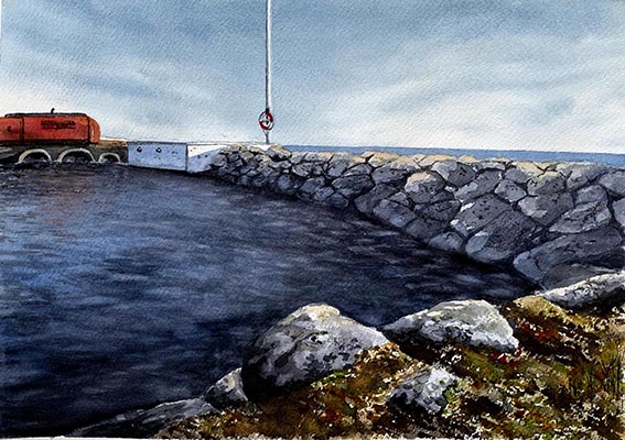 Akvarell hamn hav